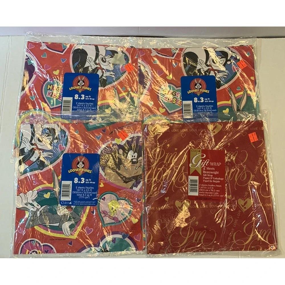 Vtg Mixed Lot Hallmark Looney Tunes Bugs Bunny Valentine's Day Gift Wrap Sheets